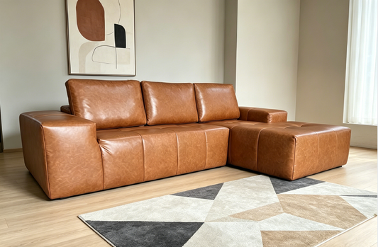 Boneless Couches for Living Room, Brown Faux Leather Cloud Sectional Couches with Chaise, Deep Seat L Shaped Modular Sofa, No Assembly Required Sofas in a Box(Right,Faux Leather,Brown)