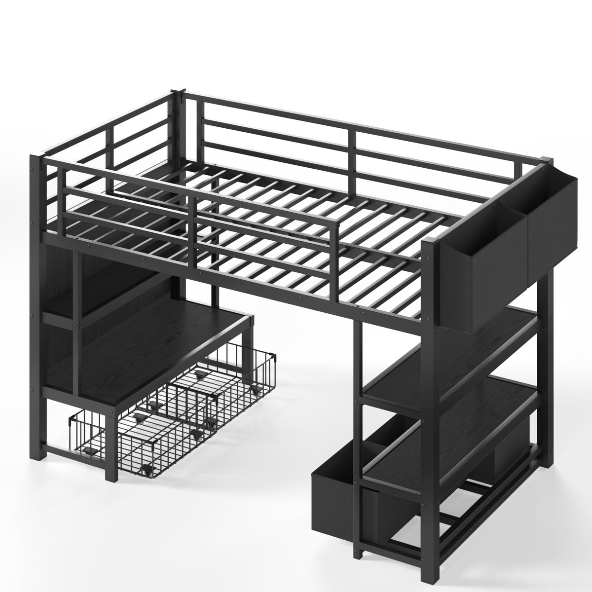 Twin Metal Low Loft Bed for Kids, Low Loft Bed with Storage Drawer, Low Loft Bed with Bookshelf & Storage Bag, Sturdy Low Loft bed Frame with Open Storage Space for Bedroom, Black