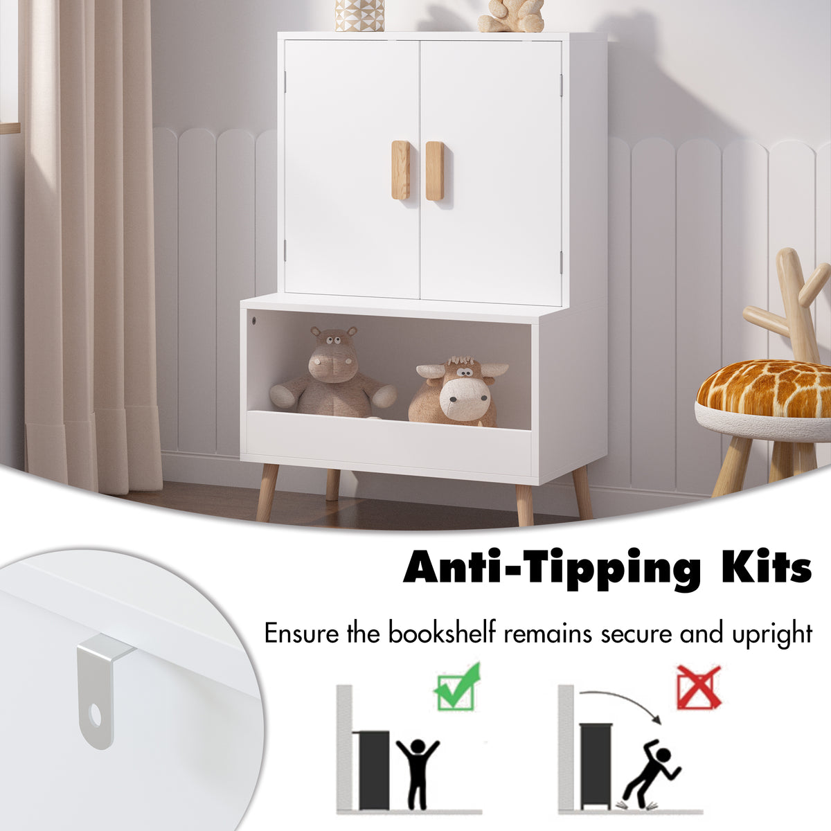 Kids Toy Storage Cabinet with Doors and Open Shelf, White Modern Wooden Organizer with Natural Wood Legs, Toddler Bookshelf