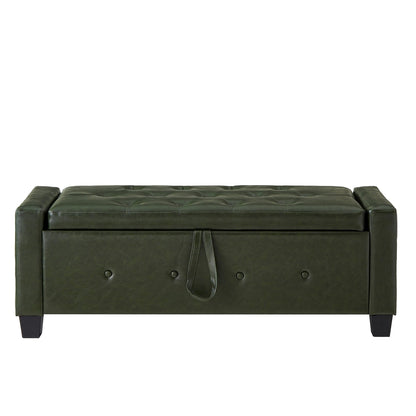 48" Ottoman Bench with Storage, Upholstered Tufted Faux Leather PU Ottoman Dark Green
