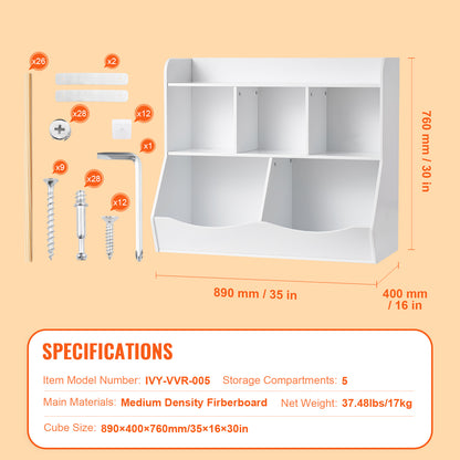 Wood Kid Storage Cubby, Toy Storage Organizer with Bookshelf, 5-Cubby Wood Toy Storage Cabinet, Children Book Toy Shelf, Kindergarten, White
