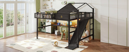 Queen Size Multifunctional Loft Bed with Slide, Desk,and Storage Shelves, Metal Loft Bed Frame With USB Ports And Led Lights, Triangular Geometry House Design, Black