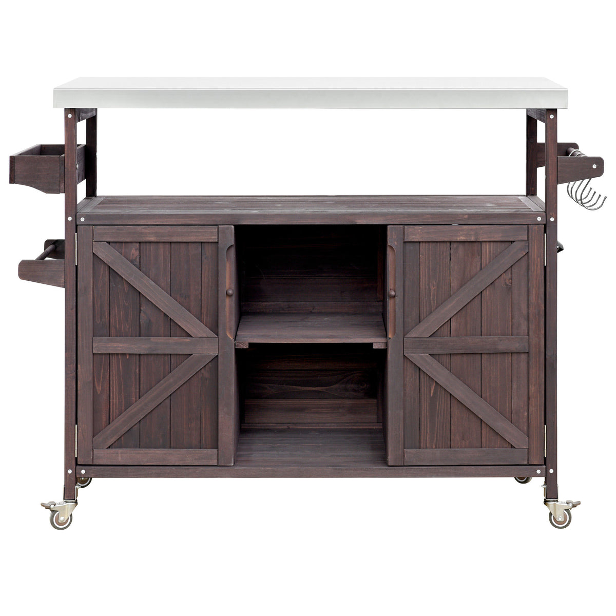 K&K Outdoor Kitchen Island, Rolling Bar Cart & Storage Cabinet, Farmhouse Solid Wood Outdoor Grill Table with Stainless Steel Top – Brown