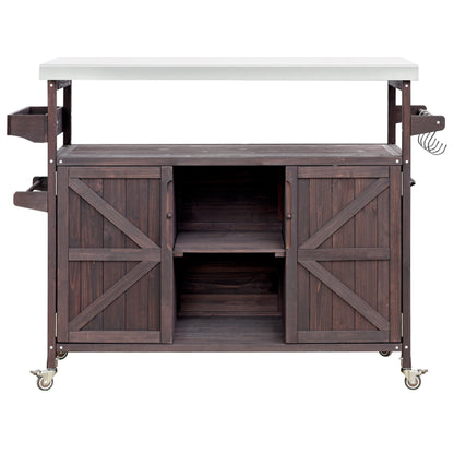 K&K Outdoor Kitchen Island, Rolling Bar Cart & Storage Cabinet, Farmhouse Solid Wood Outdoor Grill Table with Stainless Steel Top – Brown