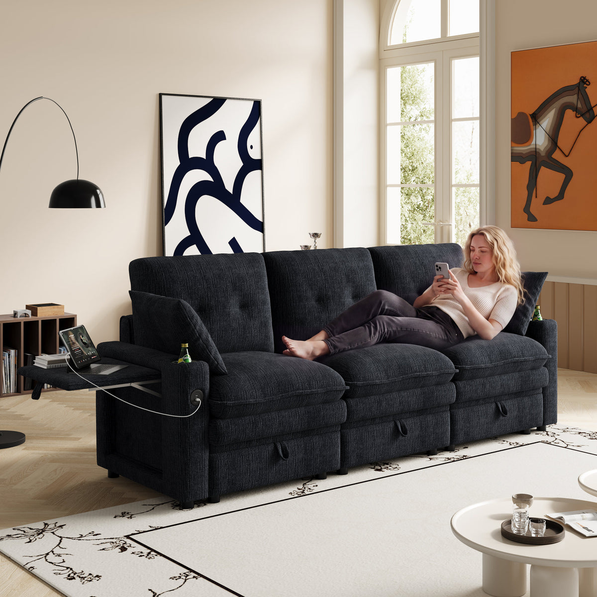 89-inch three-person cloud sofa with storage, armrests featuring hidden tabletop and USB ports, and armrests with storage function. High-quality cashmere three-person sofa. Suitable for living rooms,