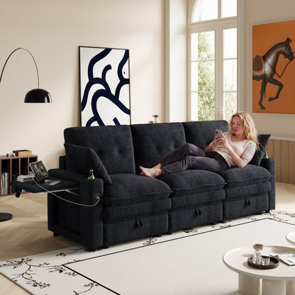89-inch three-person cloud sofa with storage, armrests featuring hidden tabletop and USB ports, and armrests with storage function. High-quality cashmere three-person sofa. Suitable for living rooms,
