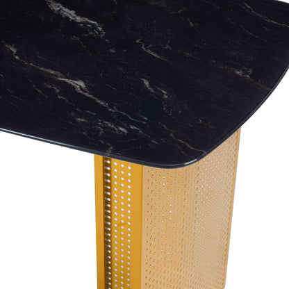 Modern-Style Rectangular Tempered Glass Dining Table for 6, Featuring a Marble-Patterned Design with Golden Hollow-Out Metal Legs, an Ideal Dining Table for Living Rooms and Home Offices.