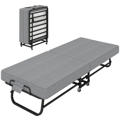 75" Folding Bed with Memory Foam Mattress, 4 Lockable Wheels Portable & Space Saving, Reinforced Steel Frame Quietly Supports 450 lbs, Folds Upright – Essential for Small Apartments & Guest Rooms