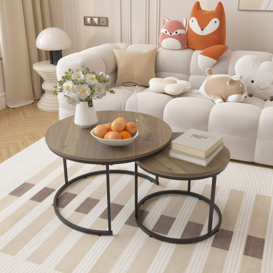 Nesting Coffee Table Set of 2, 27.6inch Round Industrial Wood Finish with Sturdy Metal Frame