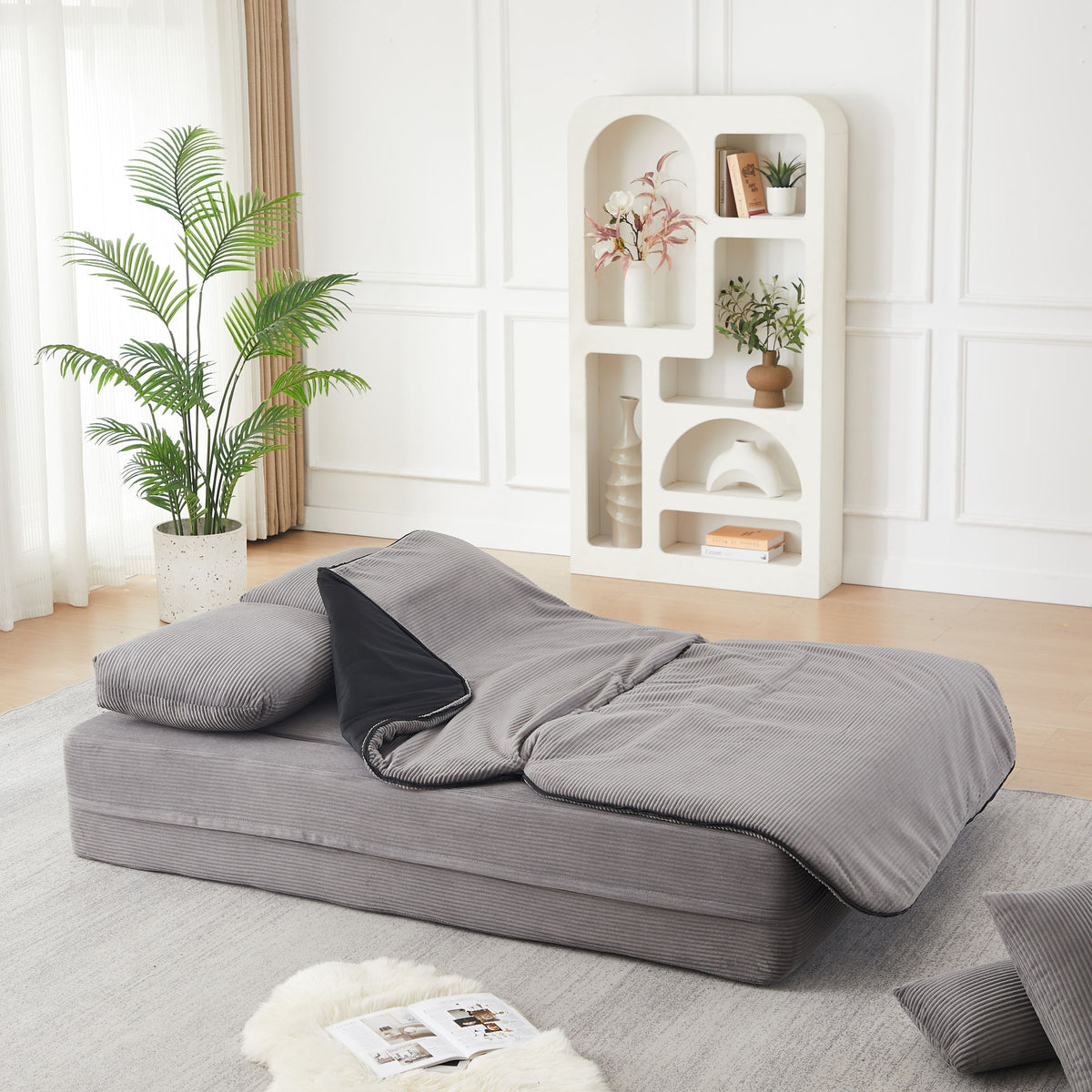 75'' 2-in-1 Foldable Sofa Bed with Multi-Functional Blanket in Grey Corduroy, Convertible Floor Lounge for Living Room Bedroom Studio