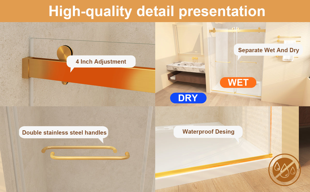 Frameless Sliding Glass Shower Doors 56-60" Width x 76"Height with 3/8"(10mm) Clear Tempered Glass, Brushed Gold