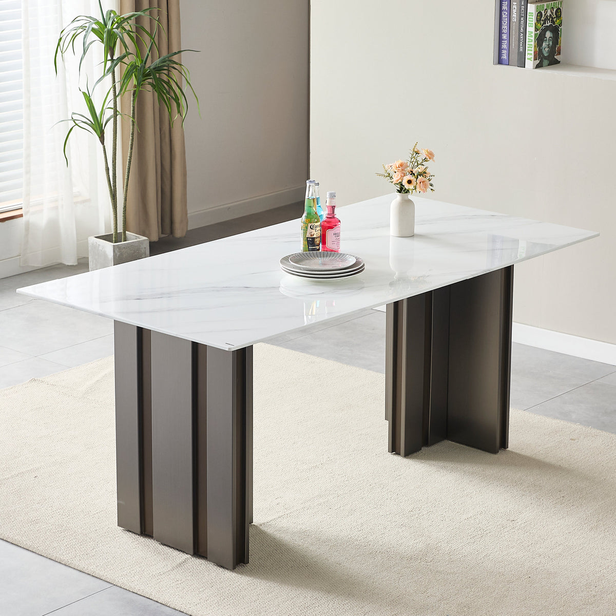 Modern Rectangular Dining Table, Tempered Glass with Marble Texture Top, Matte Gray Brushed Metal Legs, 4-6 Person Capacity, White Marble Finish, 69.30 Inch