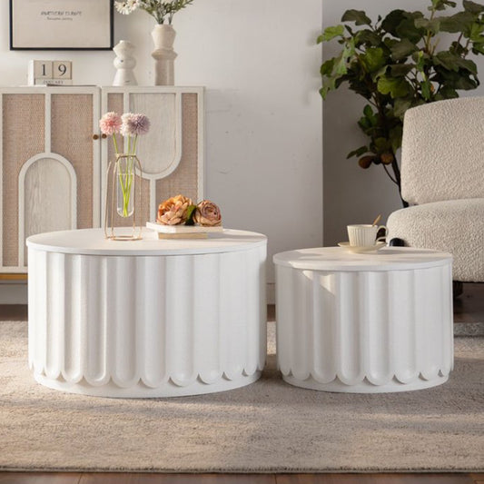 White Round Storage Table Set with Lift-Off Lid, Nesting Design, Elegant Curved-Edge Shape for Cozy Living Room Styling – Model W3081P389057