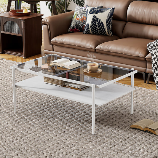 Rectangle Coffee Table with Gray Tempered Glass top and White Legs, Modern Table for Living Room