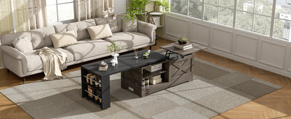 U-Can Farmhouse  Lift Top Coffee Table With Barn Doors, Wood Rectangle Center Table With Large Hidden Storage Space And Open Cabinet, For Living Room, Bedroom, Home Office