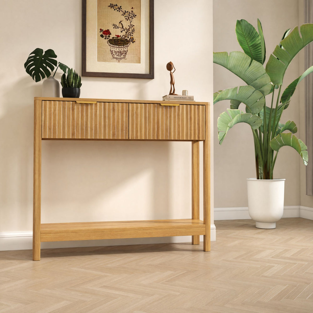 Mid-Century Modern Fluted Console Table with 2 Drawers & Open Shelf, Oak Finish Narrow Entryway Table, Slim Sofa Table for Hallway, Living Room, Small Spaces, Easy Assembly