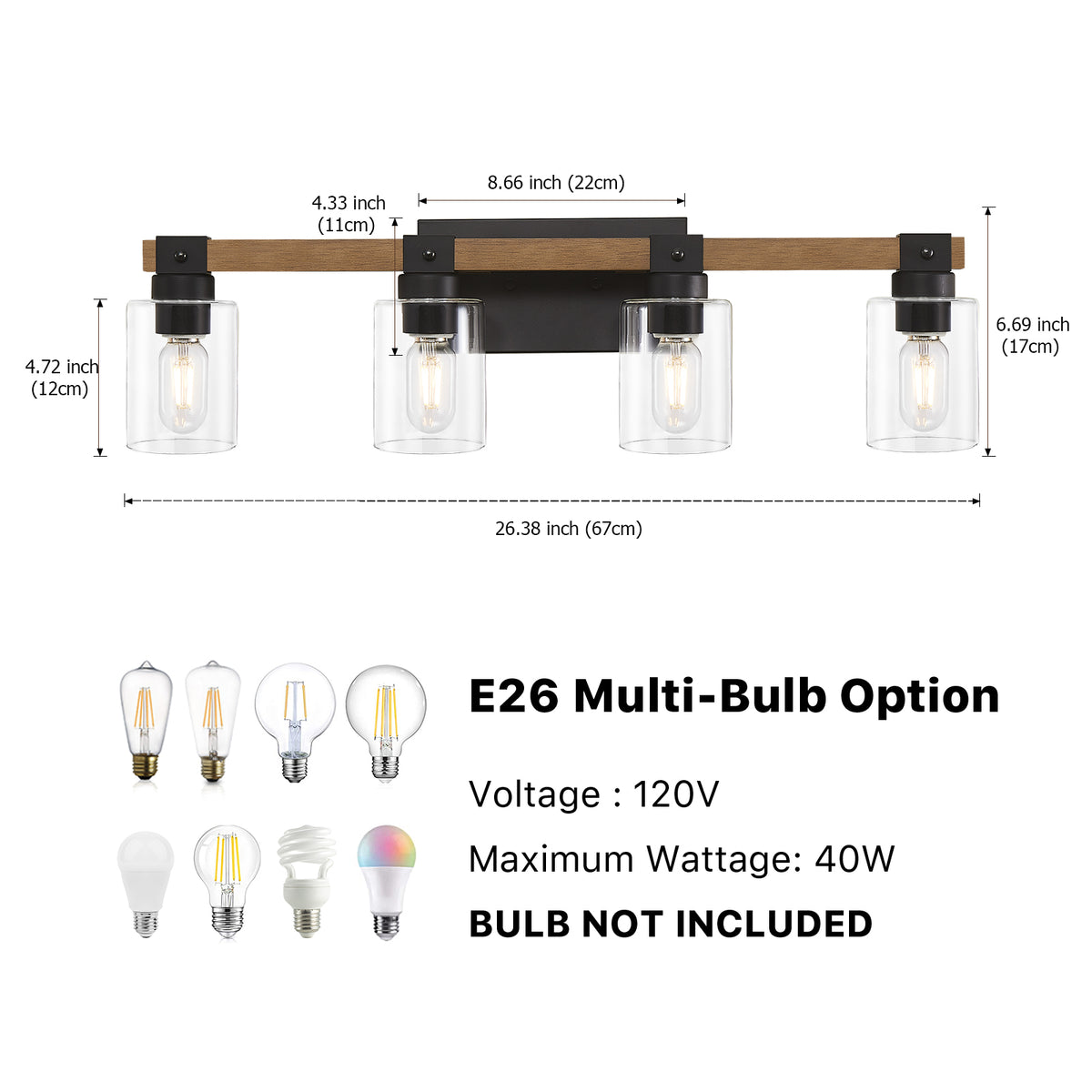 4-Light Farmhouse Vanity Light, Antique Wood Bathroom Wall Light with Clear Glass Shades, Mirror Lighting for Bedroom & Hallway, No Bulbs Included