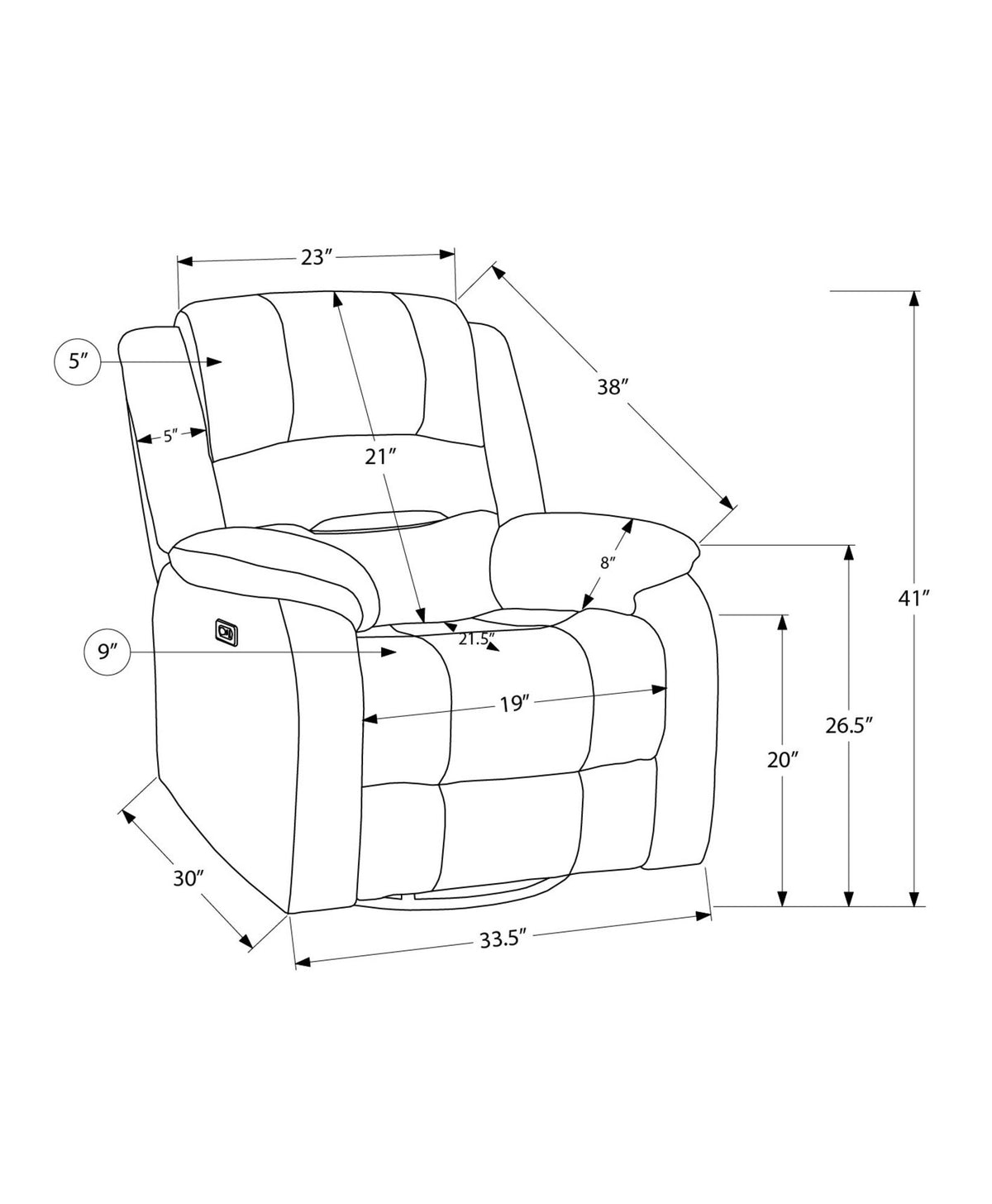 Reclining Chair, 34" Wide, Usb Ports Included, Power Recliner, Large, Upholstered, Swivel, Glider, Transitional