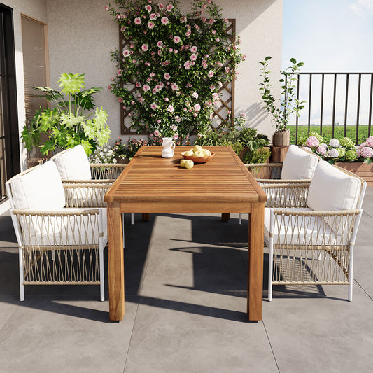 TOPMAX Patio 5pcs Wooden Dining Table Set, Outdoor 67''L Rectangular Table with 4 Rattan Arm Chairs for Poolside, Natural