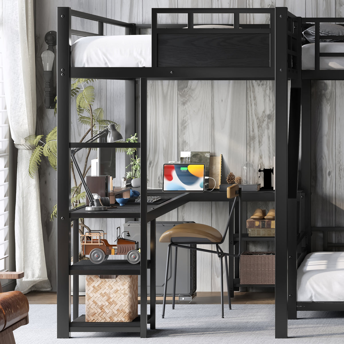 L-Shaped Metal Bunk Bed (Top bed: twin xl, bottom bed: queen) with Single Loft Bed, Desk, and Storage Shelves, USB Charging Port Included - Metal Triple Bunk Bed with Slide,B
