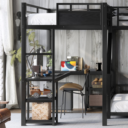 L-Shaped Metal Bunk Bed (Top bed: twin xl, bottom bed: queen) with Single Loft Bed, Desk, and Storage Shelves, USB Charging Port Included - Metal Triple Bunk Bed with Slide,B