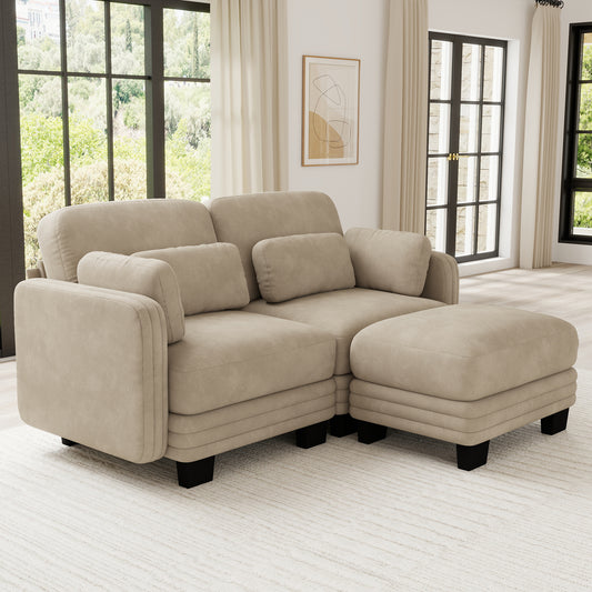 Channel Tufted Design Modern Minimalist Modular Sectional Loveseat Sofa,2-Seater Couch with Movable Ottoman and Thick Comfortable Seat Cushions,Suitable for Living Room,Bedroom, Camel Chenille