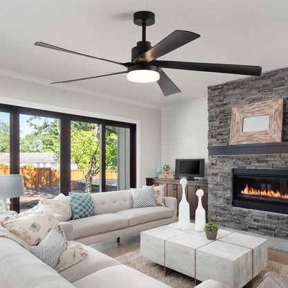 65 Inch Black Ceiling Fan with Light, 5-Blade Dimmable LED Ceiling Fan with Remote Control, Modern Quiet Design for Living Room and Bedroom (Silent/6-Speed/Reversible/DC Motor)