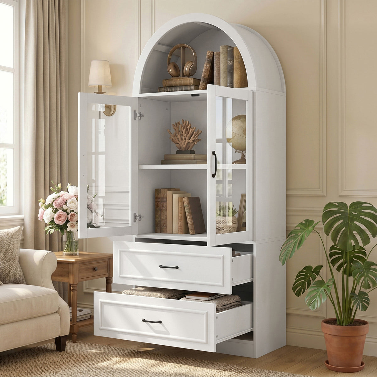 [Video] Modern Minimalist Arched Top Storage Cabinet with Tempered Glass Doors, Fixed 2-Tier Shelves, 2 Large Drawers, Soft Close Hinges & Exquisite Metal Handles, White