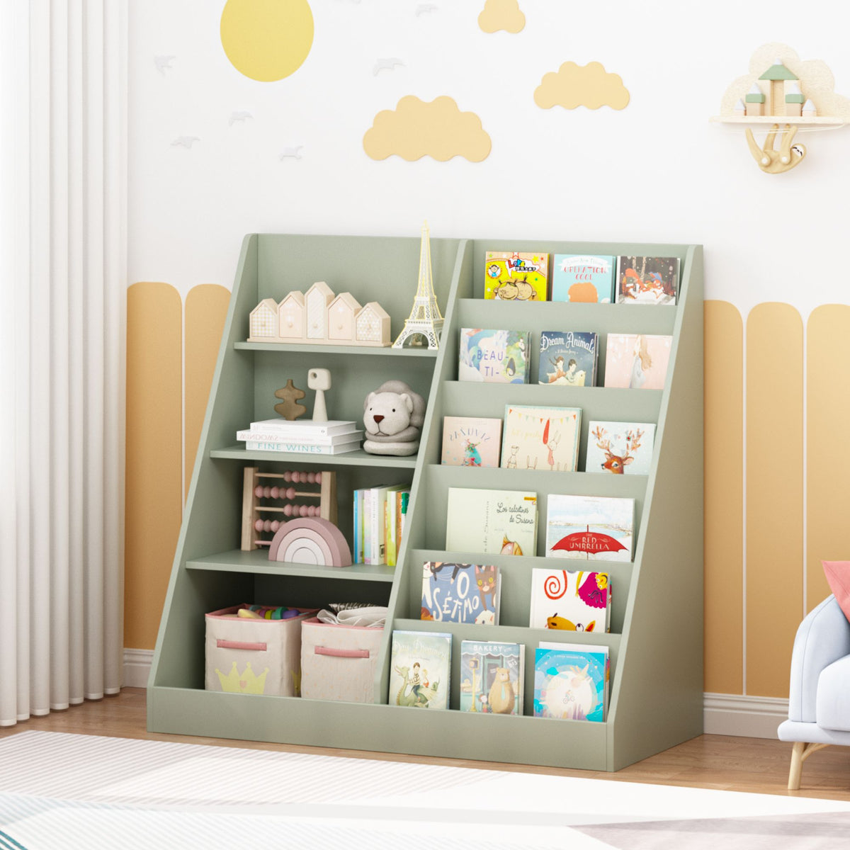 Kids Bookshelf and Toy Storage Organizer, Multifunctional 4 Tier Wooden Kids Book Shelf with  Bookcase Display Stand in Kids Room Playroom Nursery for Kids, Children, Toddlers (Sage)