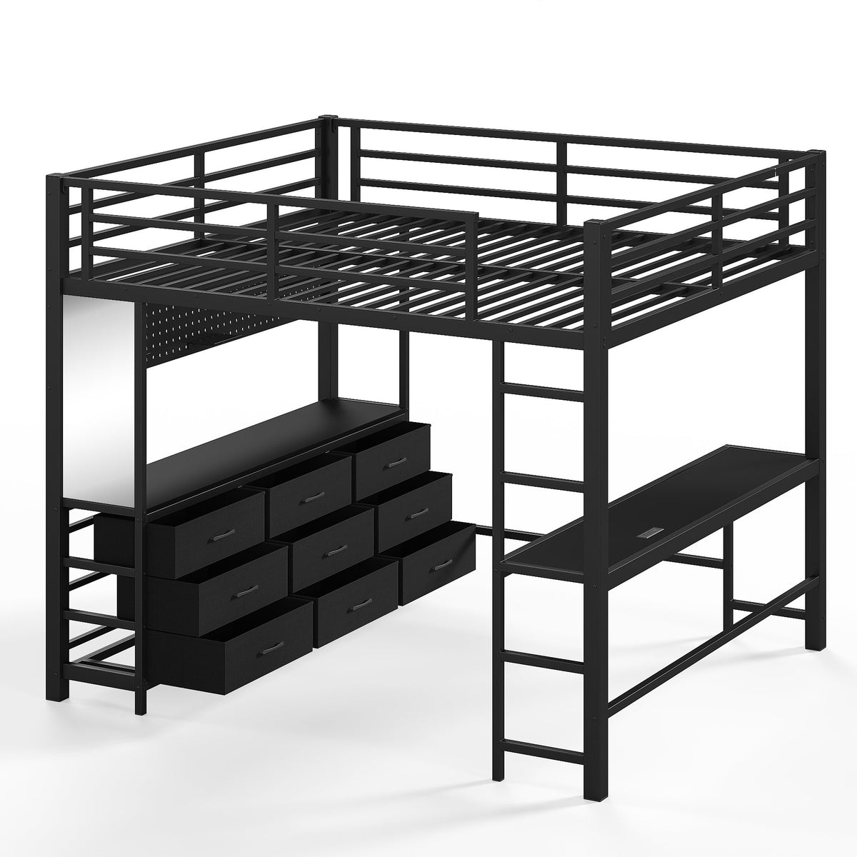 Queen Size Loft Bed with Desk, Loft Bed with Drawers, Loft Bed with Led Light and USB, Sturdy Loft bed Frame, Loft Bed with Mirror, Multi-Functional High Loft Bed for Teens Adults.Black