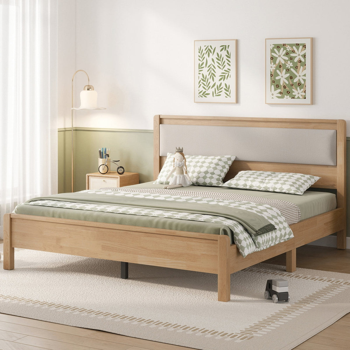 Queen Size, Solid Rubber Wooden Bed with Upholstered Headboard, Reinforced by Central Support Legs,Natural