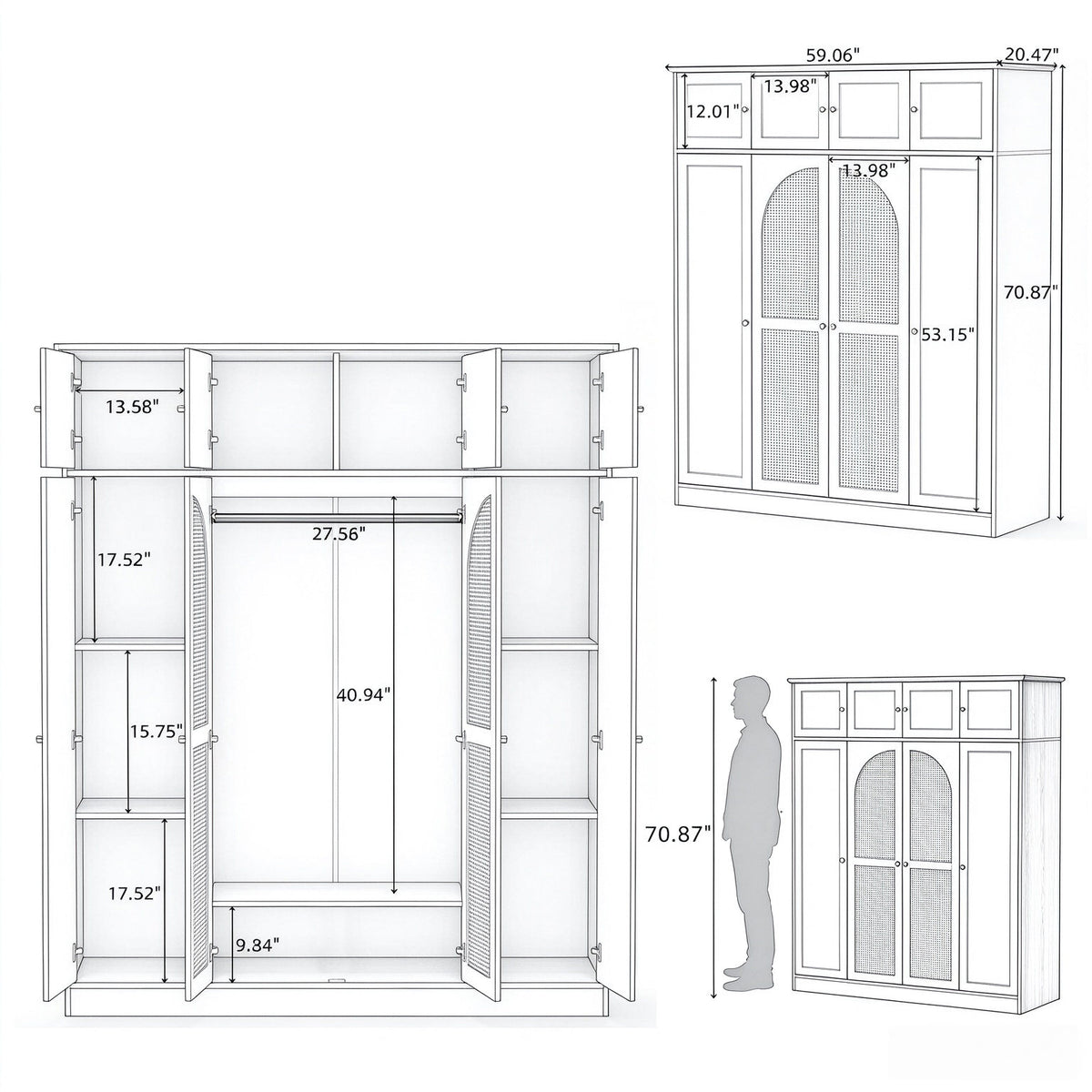 70.87"Tall 8-Door Large Capacity Armoire Wardrobe Closet with Hanging Rod, Adjustable Shelves and Rattan Decorative Doors, Clothing Storage Cabinet for Bedroom, walk-in closet, Living Room, Walnut
