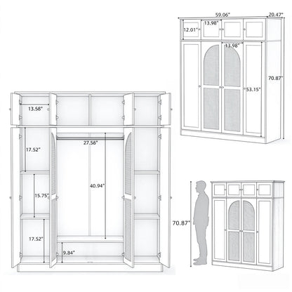 70.87"Tall 8-Door Large Capacity Armoire Wardrobe Closet with Hanging Rod, Adjustable Shelves and Rattan Decorative Doors, Clothing Storage Cabinet for Bedroom, walk-in closet, Living Room, Walnut
