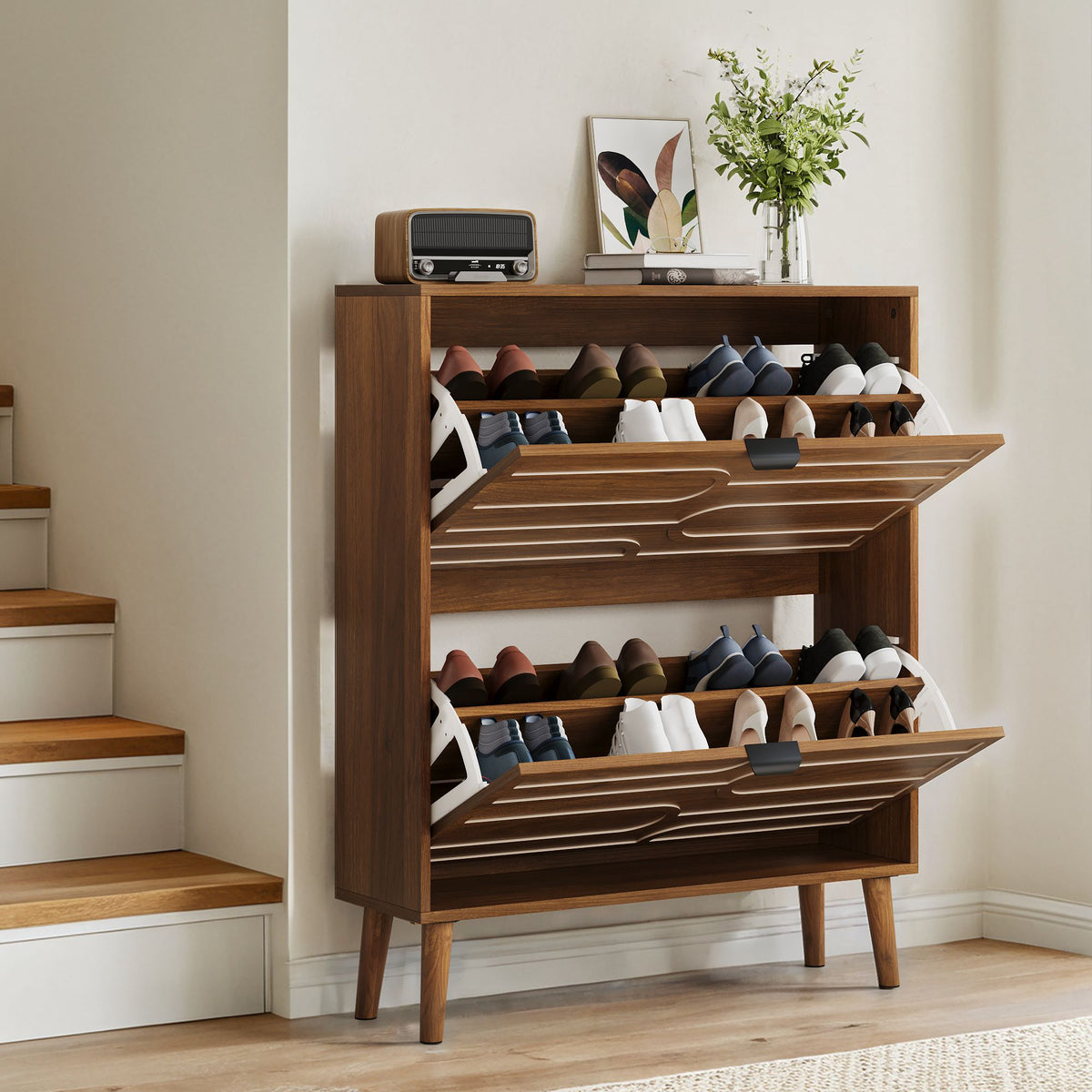 Medieval Modern Independent Shoe Cabinet with 2 Flip Drawers, Walnut MDF, 31.5-inch