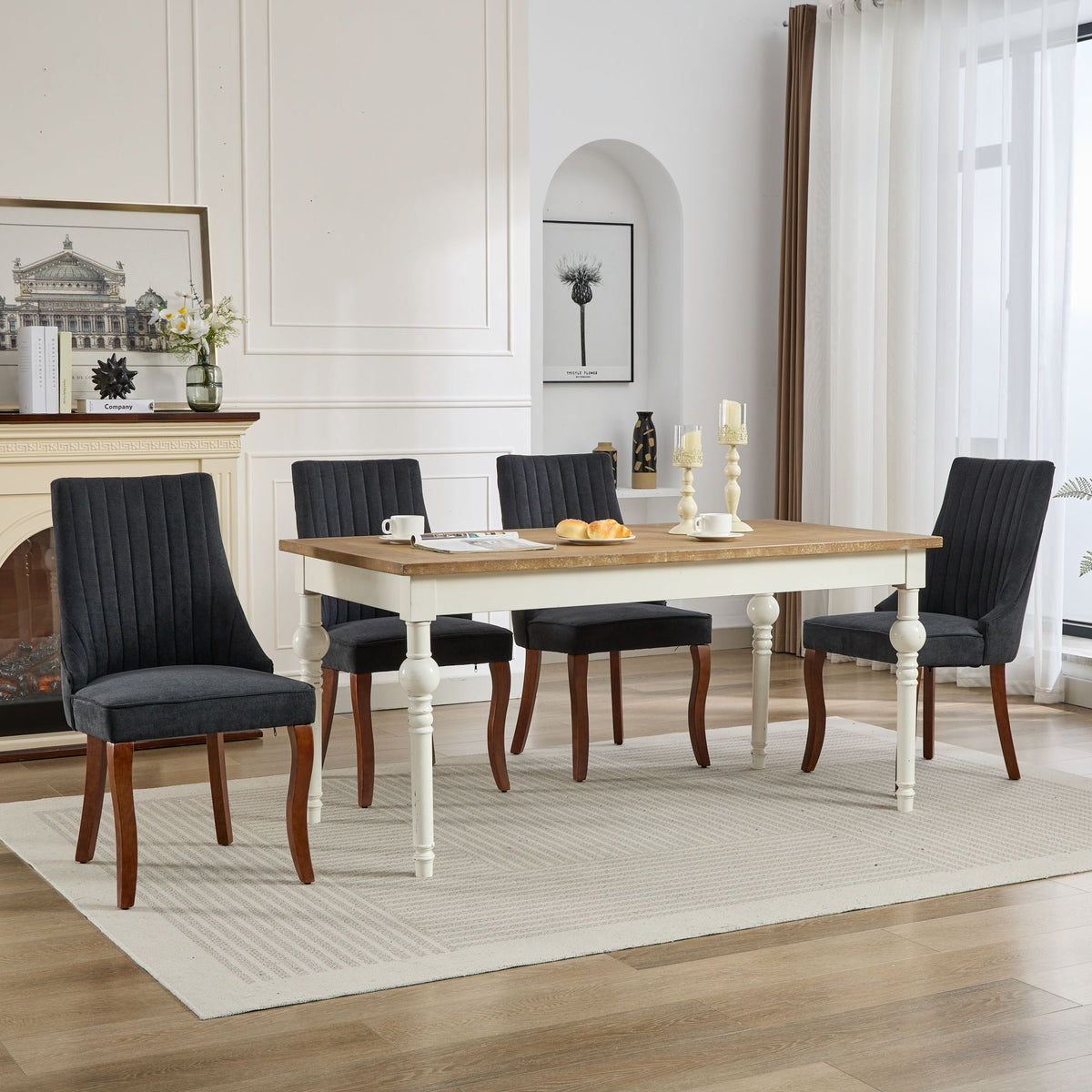 Rayon Cloth Flocking Linen Dining Chairs Channel Kitchen Dinner Chair Comfy Fabric Upholstered Accent Chair for Dining Room with Curved - Black