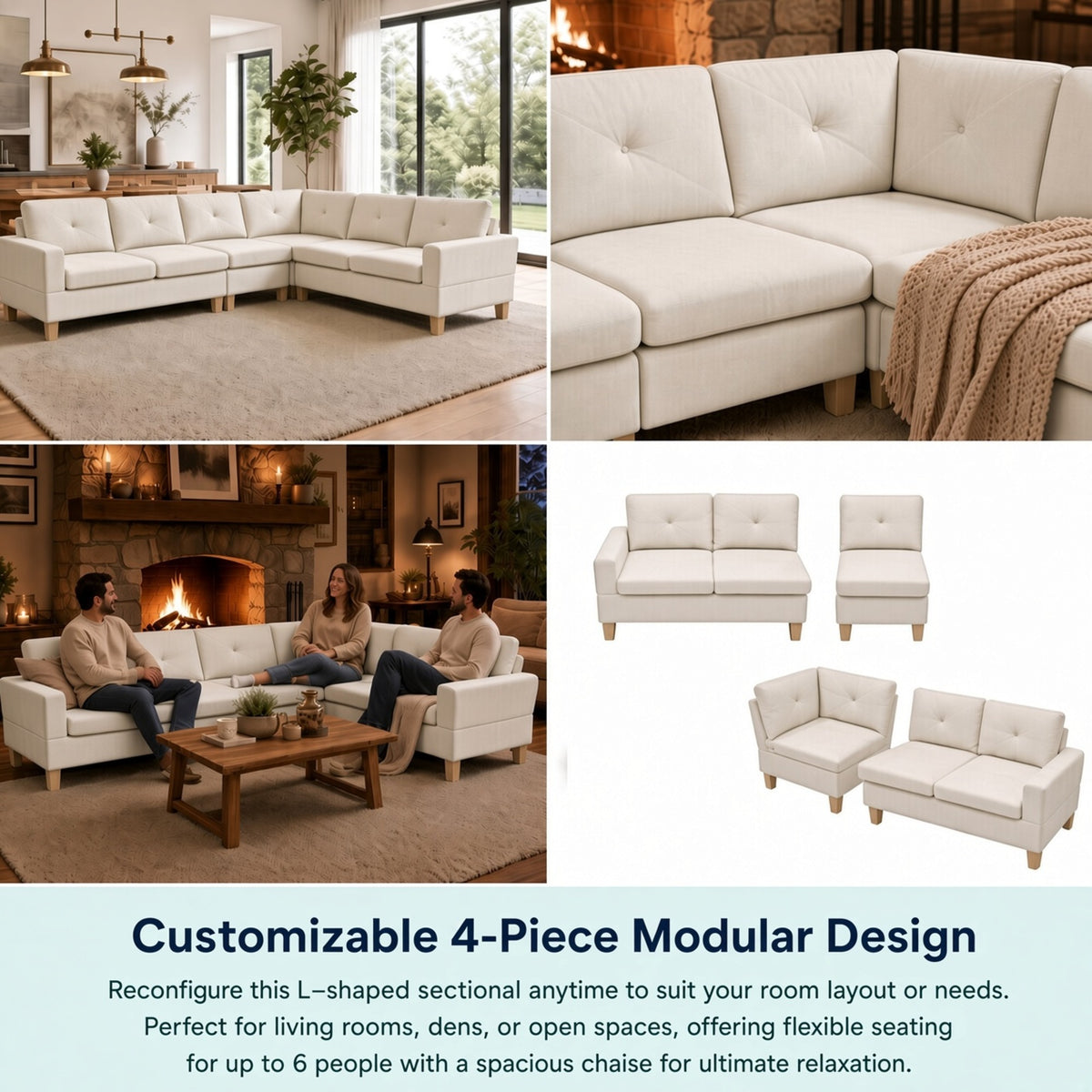 95.5 x 75 Inches Width Beige Modular L-Shaped Sectional Sofa 6-Seater 4-Piece Massa Flannel Fabric Couch with Chaise