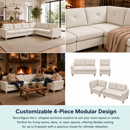 95.5 x 75 Inches Width Beige Modular L-Shaped Sectional Sofa 6-Seater 4-Piece Massa Flannel Fabric Couch with Chaise