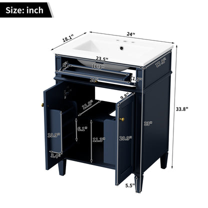 Modern Blue Bathroom Vanity with 2 Doors and Tip-Out Drawer, Ceramic Sink, Soft-Closing Hinges, Solid Wood Frame, 24'