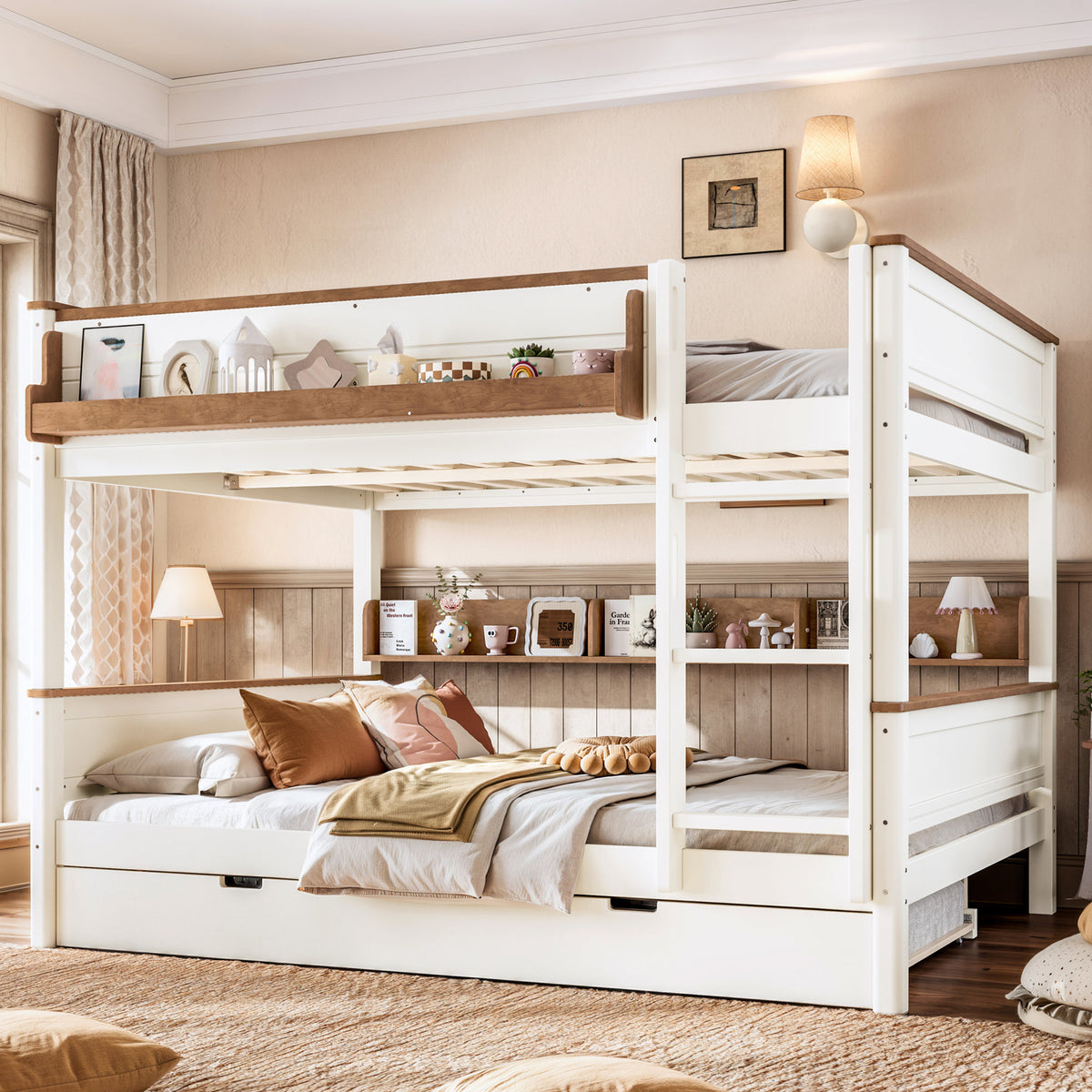 Queen over Queen Wood Bunk Bed with Pull-out Trundle Bed, Side Storage Shelf, Detachable Bunk Bed Frame, Convertible Into 2 Separate Beds for Kids Teens Adults, Beige&Natural