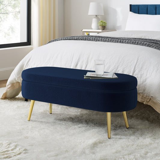 Ottoman Oval Storage Bench, Flannel with Metal Legs-Dark Blue(43.5'x16'x16')