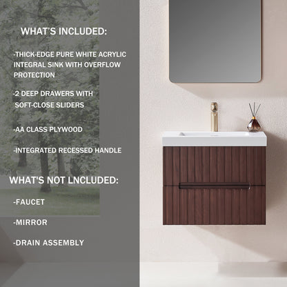 24' Wall Mounted & Floating Single Dark Walnut Bathroom Vanity with Acrylic Integrated White Basin, Pre-assembled Plywood Cabinet With 2 Drawers