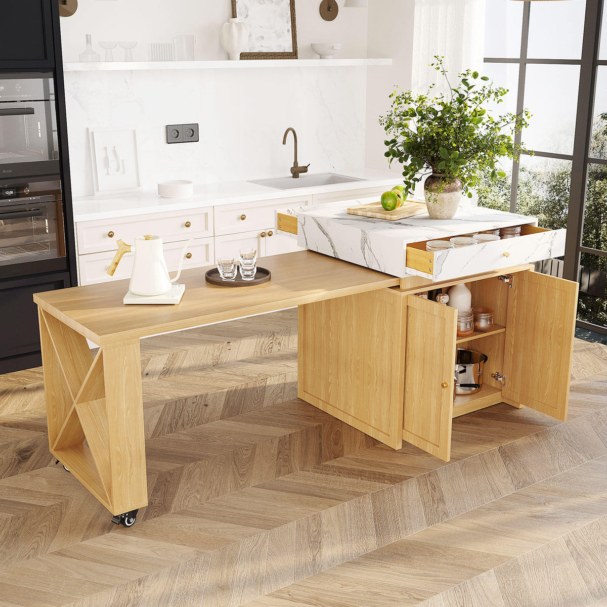 U_STYLE Modern Imitation Marble Counter Height Dining Table for 4, Farmhouse Bar Table with Adjustable Shelf, for Kitchen & Home Bar (Chairs Not Included)