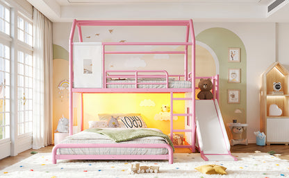 Twin over Full Playhouse Metal Bunk Bed with Slide & Ladder, House Shaped Bunk Bed with LED Light Strip, Privacy Curtain, Movable Storage Cabinet and Hanging Rod, Twin over Full Kids Bunk Bed , Pink