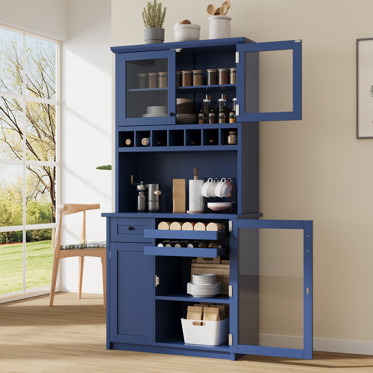 [Assembly Video Provided] TOPMAX Farmhouse 35.4x17.7x74.8inch Freestanding Buffet with Hutch – Blue