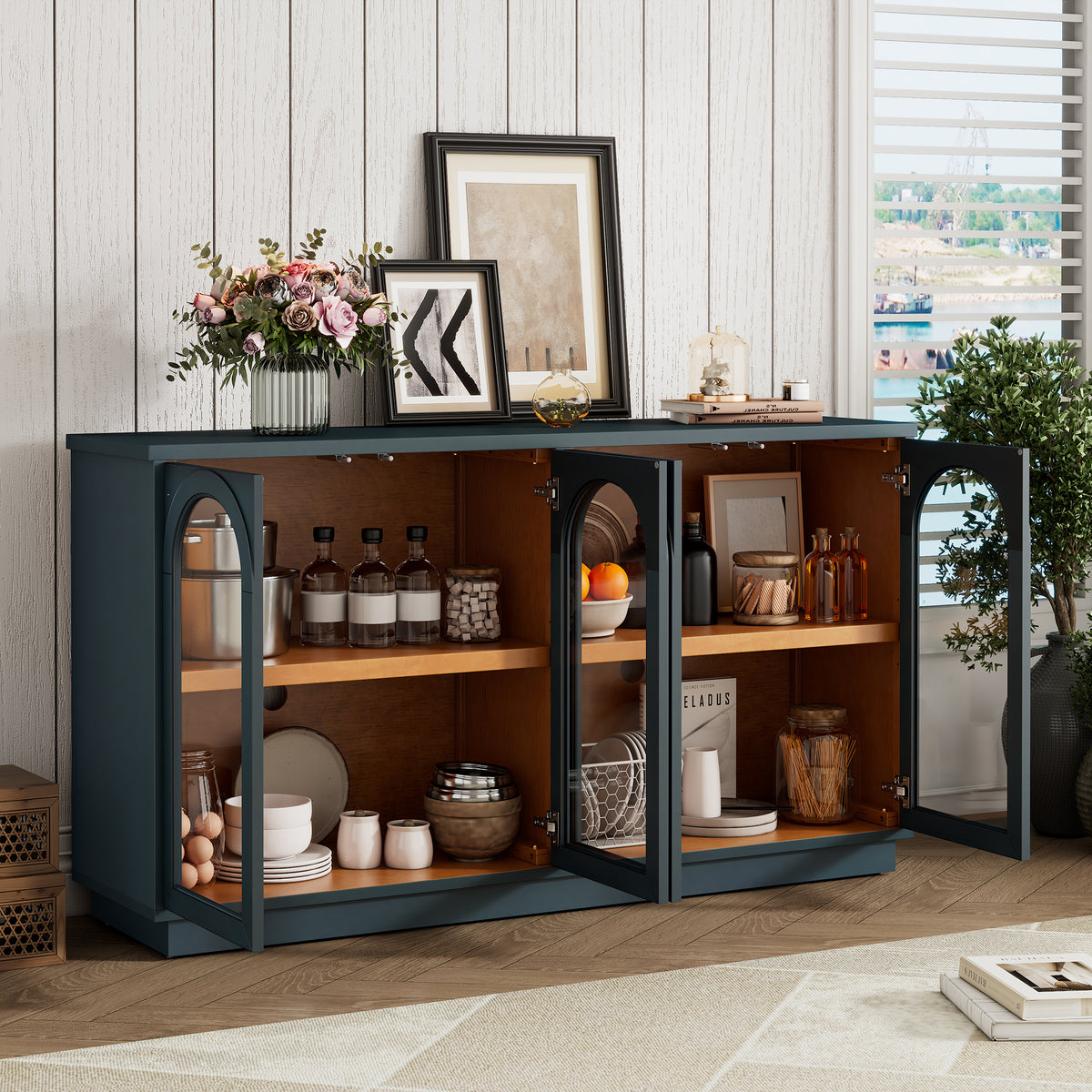 TREXM 4-Door Large Storage Buffet Cabinet with Glass Doors, Arched Cabinet with Adjustable Shelves - Navy