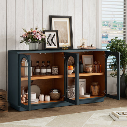 TREXM 4-Door Large Storage Buffet Cabinet with Glass Doors, Arched Cabinet with Adjustable Shelves - Navy