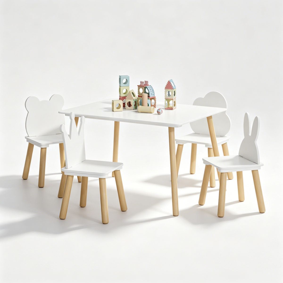 Big Kids Table and 4 Chairs Set, 5 Pieces Toddler Table and Chair Set, Wooden Activity Play Table Set (White)