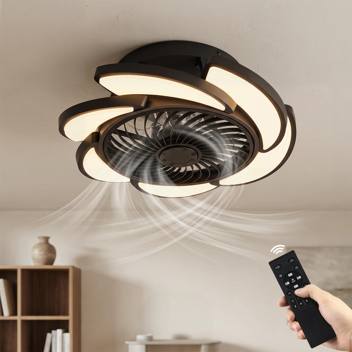 Black Bladeless Ceiling Fan with Remote Control, 6 Speeds Dimmable Light, Enclosed Low Profile for Bedroom Living Room, 17-Inch