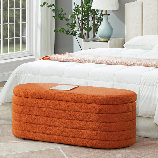Modern Oval Storage Ottoman Bench, Upholstered Boucle Teddy Fabric End of Bed Bench with Storage, End of Bed Stool with Safety Hinge, Orange