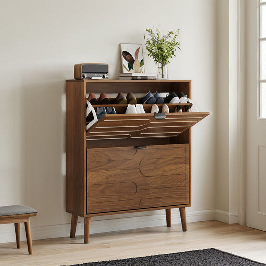 Medieval Modern Independent Shoe Cabinet with 2 Flip Drawers, Walnut MDF, 31.5-inch
